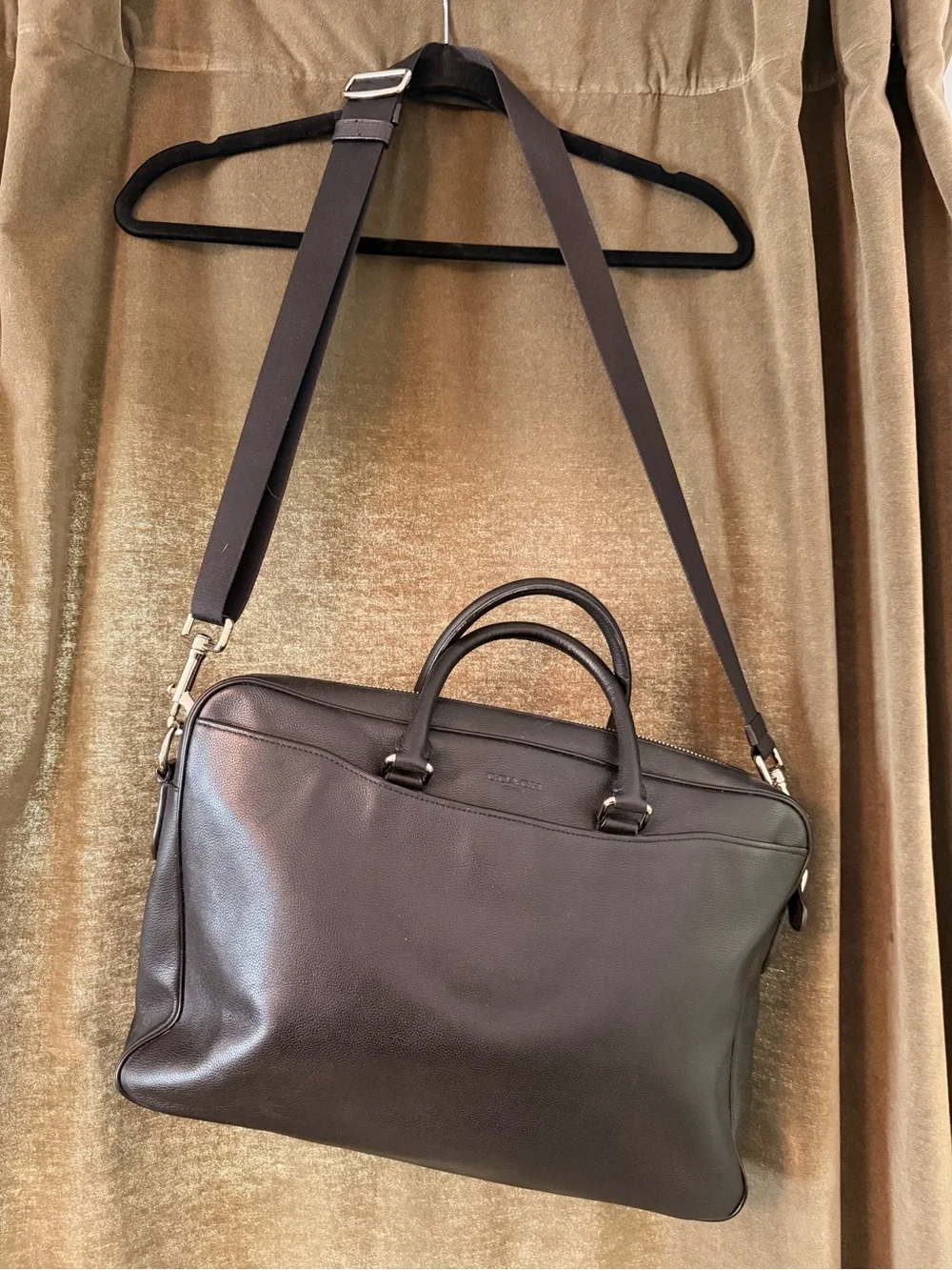 Coach Black Leather Laptop Briefcase with Adjustable Shoulder Strap